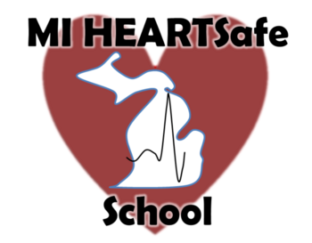 Logo of MI HEARTSafe School featuring a red heart with a white silhouette of a person and an electrocardiogram line, underlined by the text