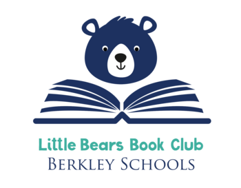 Logo of Little Bears Book Club for Berkley Schools, featuring a cartoon bear's head above an open book, all in shades of blue.