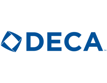 Logo of DECA featuring a blue diamond shape next to the capitalized letters