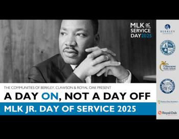 Promotional image for MLK Jr. Day of Service 2025 featuring a thoughtful portrait of Martin Luther King Jr. Text announces