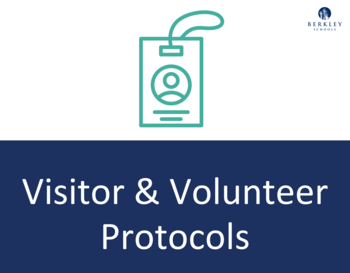 Logo of Berkley Schools depicted above text that reads 'Visitor & Volunteer Protocols.' The logo features an ID badge with a simplified eye symbol.