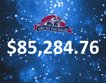 Graphic featuring the 'Off to the Races' logo with a horse, placed above a large text displaying $85,284.76, set against a sparkling dark blue background.