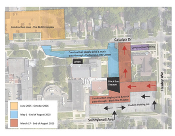 Map showing construction zones and timelines around THE BEAR Complex and Performing Arts Center, including areas for construction parking and staging. Key locations like Catalpa Drive, Henry Hall, and Sunnyknoll Avenue are marked. Colored areas indicate different phases of construction from March 2025 to October 2026.