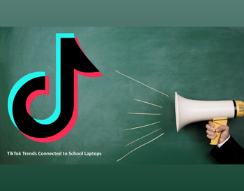A hand holding a megaphone against a chalkboard background, with sound lines emanating from it and the TikTok logo displayed prominently to the left. Text on the chalkboard reads