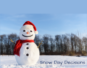 A snowman wearing a Santa hat and a red scarf, with a cheerful smile and stick arms, stands in a snowy field under a clear blue sky. The text