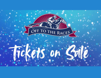 Promotional image for 'Off to the Races' by the Berkley Education Foundation featuring a logo with a horse and jockey, set against a sparkly blue background, with text announcing 'Tickets on Sale.'