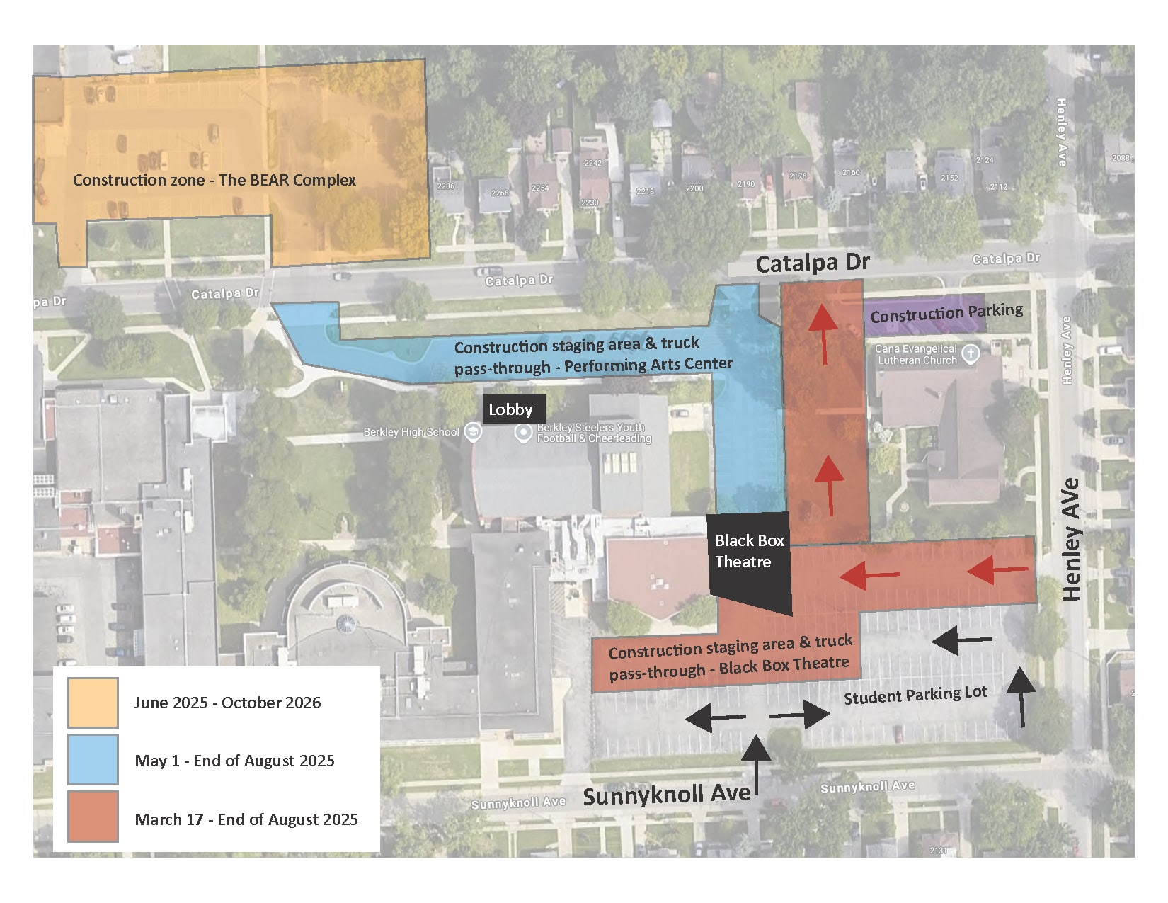 Map showing construction zones and timelines around THE BEAR Complex and Performing Arts Center, including areas for construction parking and staging. Key locations like Catalpa Drive, Henry Hall, and Sunnyknoll Avenue are marked. Colored areas indicate different phases of construction from March 2025 to October 2026.